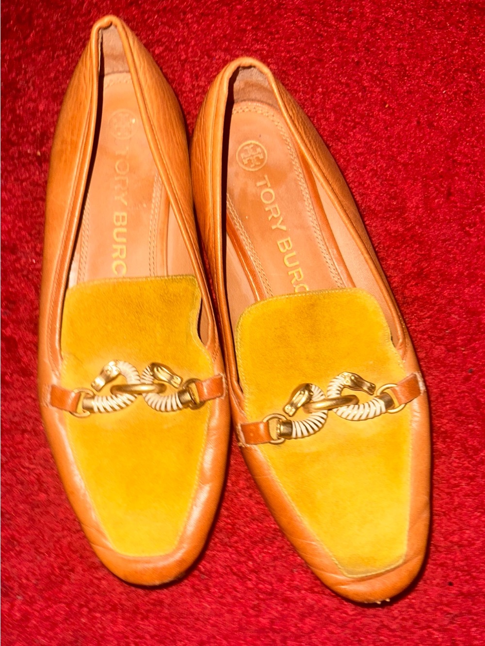 Tory Burch Camel Leather & Mustard Velvet Loafers with Gold Chain